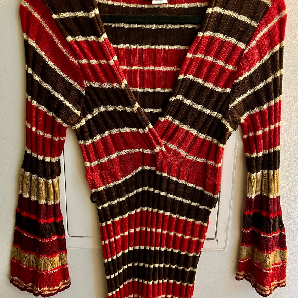 Striped V-Neck Sweater Dress - Red, Brown, and Gold